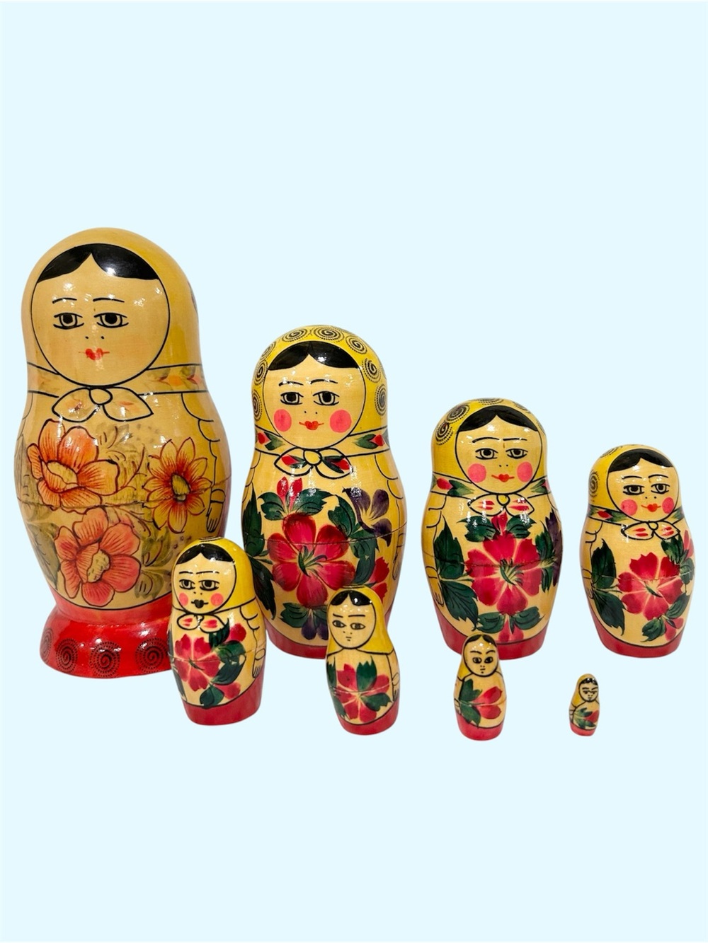 Vintage Russian Nesting Dolls Matryoshka Red Flower Wood Semenov Set of 8 Russia